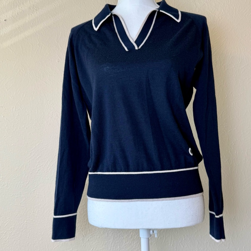 Chloe Stora Women’s Merino Wool V-Neck Collared Sweater Polo Navy and White